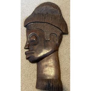 Vintage Wooden Relief Carving of a Tribal‎ Face Signed R. Joseph 16" x 8"